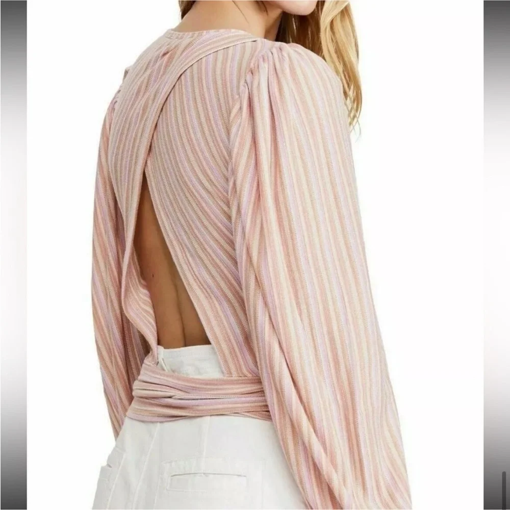 Free People Autumn Nights Open Back Top in Purple Combo Stripes Small